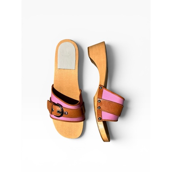 Vtg COACH Ella Twill Pink Buckle Wooden Clogs Platform Sandals Y2K Sz 8.5 Womens main image 3